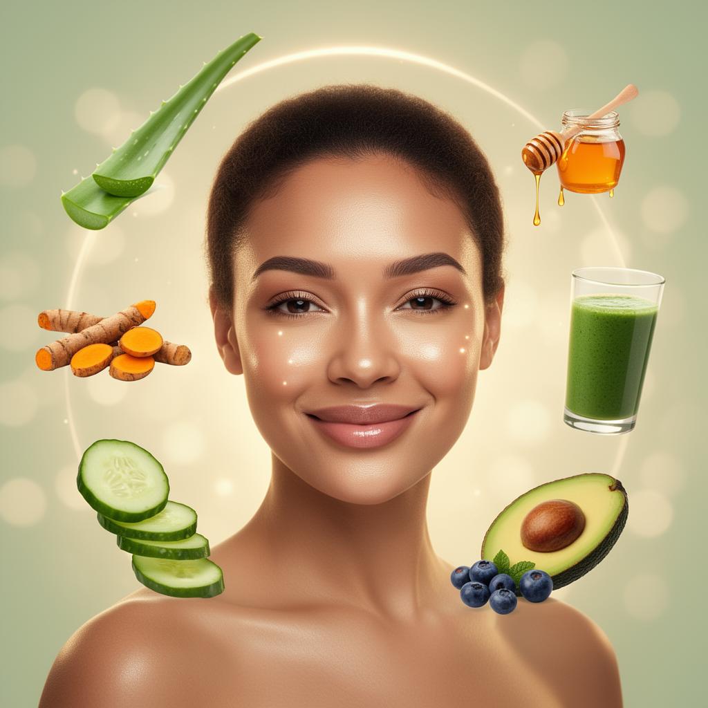 Radiant woman with glowing natural skin surrounded by natural ingredients