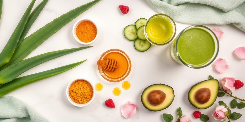 Natural skincare ingredients flat lay on marble